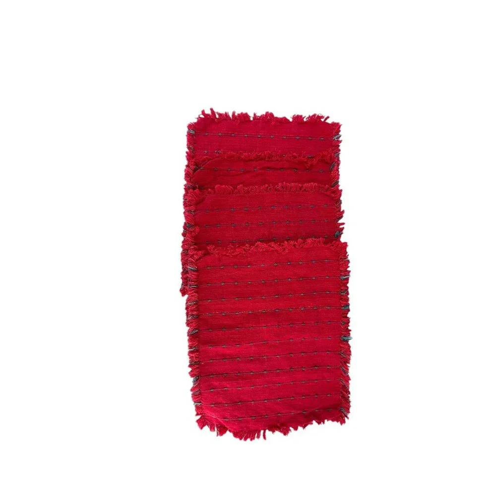 Set Of 4 Handmade Woven Red Placemats & Napkins Fringe Edges & Green Accent